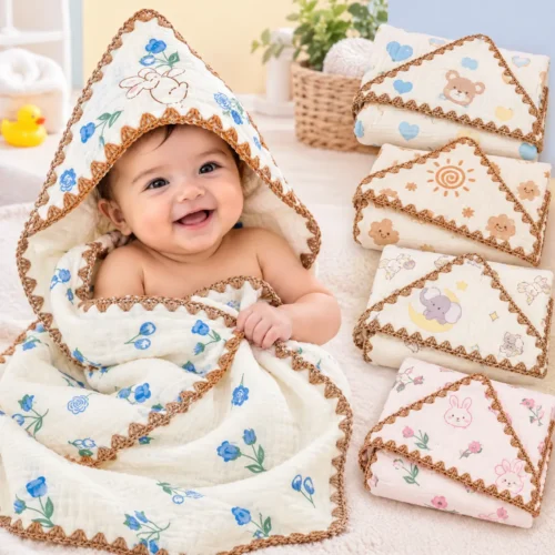 CRINKLED MUSLIN PREMIUM EMBROIDERY HOODED TOWEL – BEIGE🧸 🌿 ☁️(90 x 90cm)
