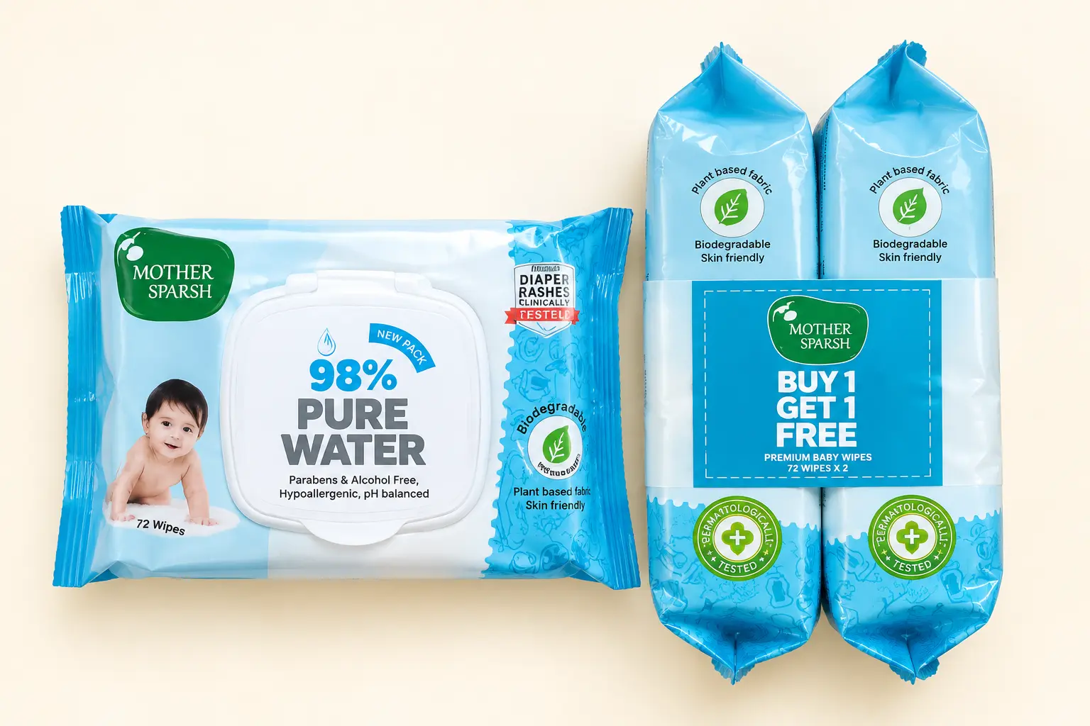 MOTHER SPARSH 98% PURE WATER BABY WIPES – BUY 1 GET 1 FREE
