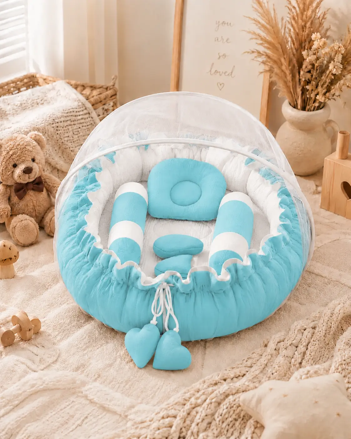 COZY BABY NEST ROUND BED- SKY BLUE👶✨☁️