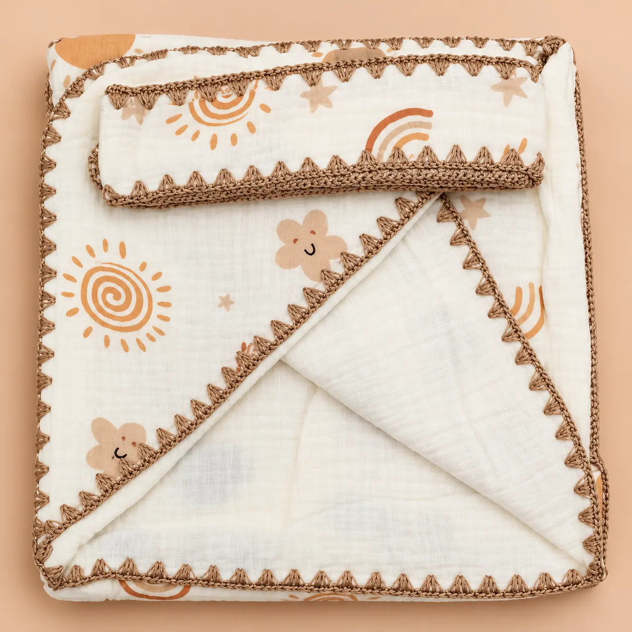 CRINKLED MUSLIN PREMIUM EMBROIDERY HOODED TOWEL – BEIGE🧸 🌿 ☁️(90 x 90cm) - Image 3
