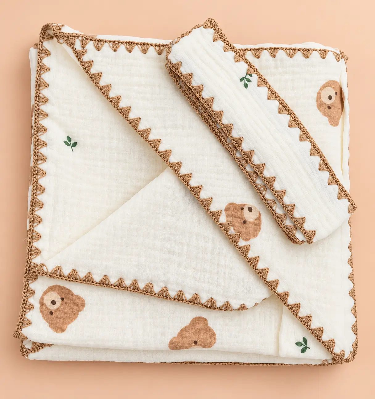 CRINKLED MUSLIN PREMIUM EMBROIDERY HOODED TOWEL – BEIGE🧸 🌿 ☁️(90 x 90cm) - Image 2