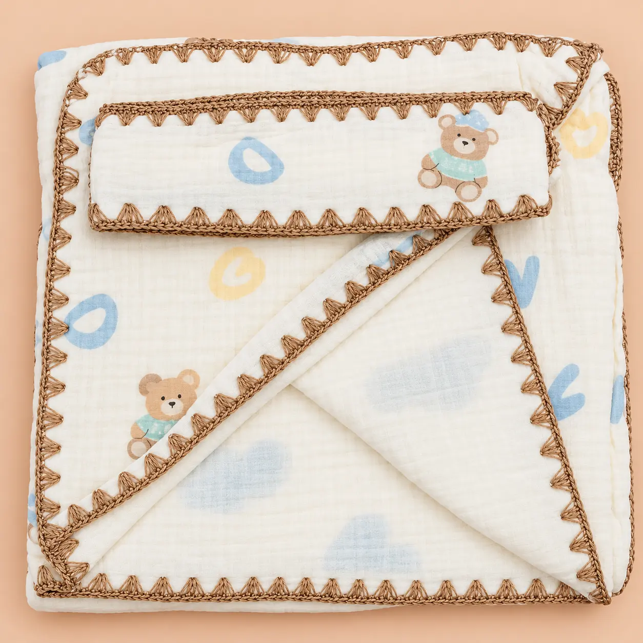 CRINKLED MUSLIN PREMIUM EMBROIDERY HOODED TOWEL – BEIGE🧸 🌿 ☁️(90 x 90cm) - Image 4